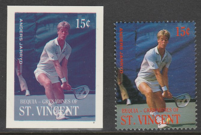 St Vincent - Bequia 1988 International Tennis Players - 15c Anders Jarryd imperf Cromalin die proof (plastic card) in magenta & cyan only plus issued stamp, a rare proof item from the Format International archives. Cromalin proofs are an essential part of the printing proces, produced in very limited numbers and rarely offered on the open market., stamps on , stamps on  stamps on sport  tennis