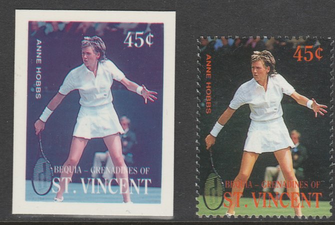 St Vincent - Bequia 1988 International Tennis Players - 45c Anne Hobbs imperf Cromalin die proof (plastic card) in magenta & cyan only plus issued stamp, a rare proof ite..., stamps on sport  tennis