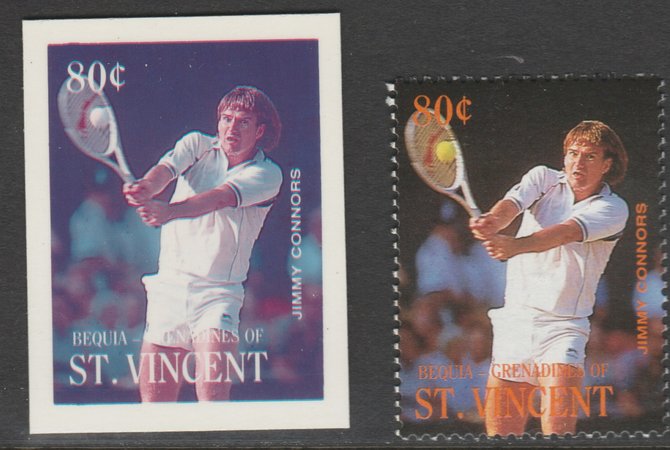 St Vincent - Bequia 1988 International Tennis Players - 80c Jimmy Connors imperf Cromalin die proof (plastic card) in magenta & cyan only plus issued stamp, a rare proof item from the Format International archives. Cromalin proofs are an essential part of the printing proces, produced in very limited numbers and rarely offered on the open market., stamps on , stamps on  stamps on sport  tennis