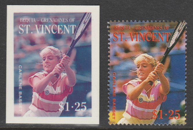 St Vincent - Bequia 1988 International Tennis Players - $1.25 Carlene Basset imperf Cromalin die proof (plastic card) in magenta & cyan only plus issued stamp, a rare proof item from the Format International archives. Cromalin proofs are an essential part of the printing proces, produced in very limited numbers and rarely offered on the open market., stamps on , stamps on  stamps on sport  tennis