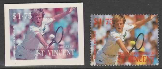 St Vincent - Bequia 1988 International Tennis Players - $1.75 Stefan Edberg imperf Cromalin die proof (plastic card) in magenta & cyan only plus issued stamp, a rare proo..., stamps on sport  tennis
