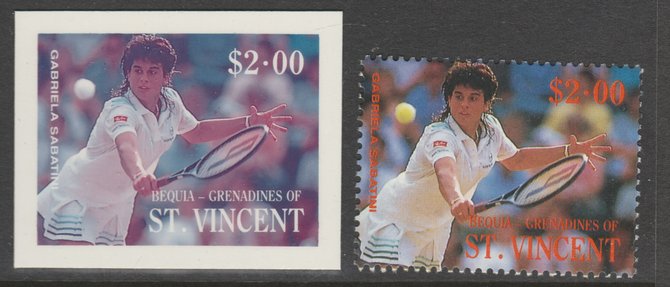 St Vincent - Bequia 1988 International Tennis Players - $2.00 Gabriela Sabatini imperf Cromalin die proof (plastic card) in magenta & cyan only plus issued stamp, a rare ..., stamps on sport  tennis