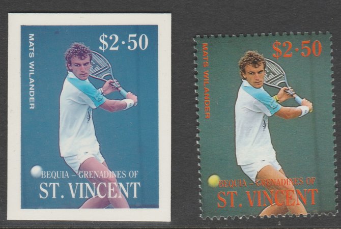St Vincent - Bequia 1988 International Tennis Players - $2.50 Mats Wilander imperf Cromalin die proof (plastic card) in magenta & cyan only plus issued stamp, a rare proo..., stamps on sport  tennis
