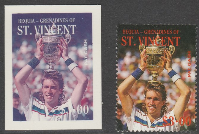 St Vincent - Bequia 1988 International Tennis Players - $3.00 Pat Cash imperf Cromalin die proof (plastic card) in magenta & cyan only plus issued stamp, a rare proof ite..., stamps on sport  tennis
