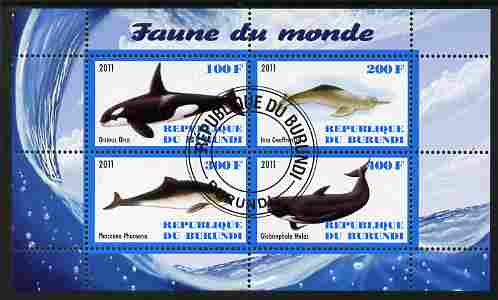 Burundi 2011 Fauna of the World - Whales & Doplphins perf sheetlet containing 4 values fine cto used, stamps on , stamps on  stamps on marine life, stamps on  stamps on whales, stamps on  stamps on dolphins