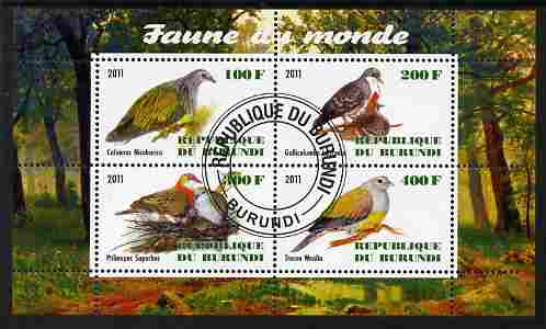 Burundi 2011 Fauna of the World - Pigeons & Doves perf sheetlet containing 4 values fine cto used, stamps on birds, stamps on pigeons, stamps on doves