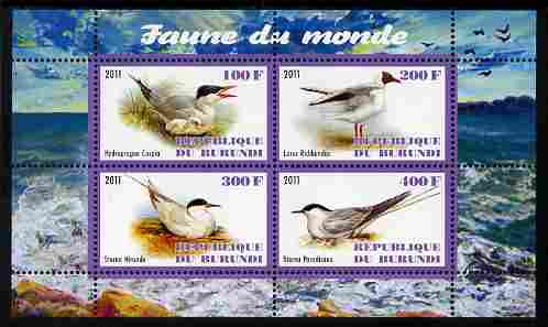 Burundi 2011 Fauna of the World - Gulls & Terns perf sheetlet containing 4 values unmounted mint, stamps on , stamps on  stamps on birds, stamps on  stamps on gulls, stamps on  stamps on terns