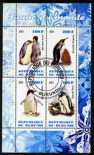 Burundi 2011 Fauna of the World - Penguins perf sheetlet containing 4 values fine cto used, stamps on birds, stamps on penguins, stamps on polar