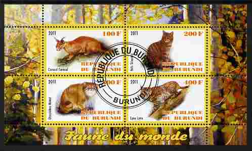 Burundi 2011 Fauna of the World - Wild Cats #2 perf sheetlet containing 4 values fine cto used, stamps on animals, stamps on cats