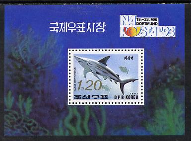 North Korea 1993 Fish m/sheet (1.2wn shark) with NAPOSTA 93 imprint, SG MS N3252 unmounted mint, stamps on marine life, stamps on fish, stamps on sharks, stamps on stamp exhibitions