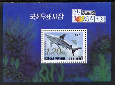 North Korea 1993 Fish m/sheet (1.2wn shark) with NAPOSTA 93 imprint, SG MS N3252 unmounted mint, stamps on , stamps on  stamps on marine life, stamps on fish, stamps on sharks, stamps on stamp exhibitions