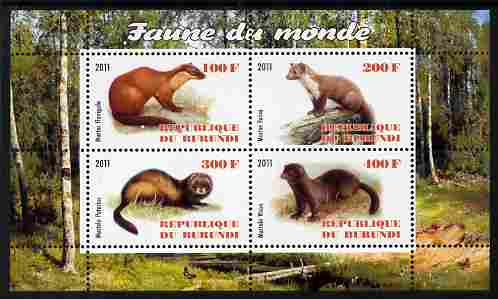 Burundi 2011 Fauna of the World - Mammals (Martens & Polecats) perf sheetlet containing 4 values unmounted mint, stamps on , stamps on  stamps on animals, stamps on  stamps on mammals, stamps on  stamps on martens, stamps on  stamps on polecats