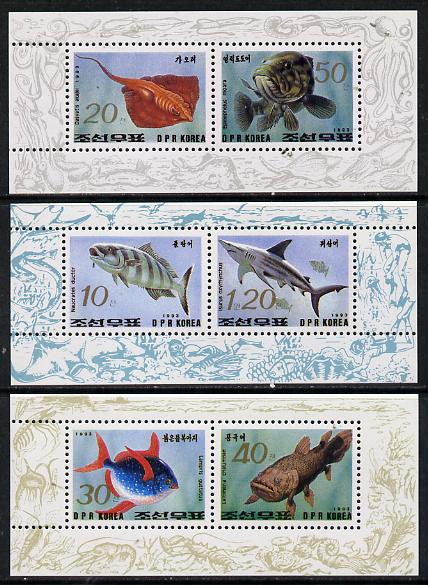 North Korea 1993 Fish set of 3 sheetlets each containing 2 values, stamps on , stamps on  stamps on fish, stamps on sharks, stamps on marine life, stamps on , stamps on coelacanth