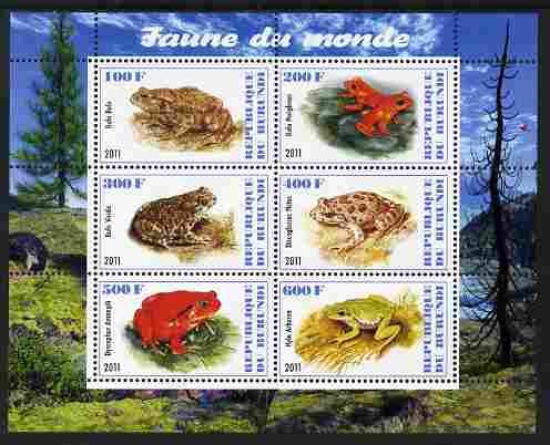 Burundi 2011 Fauna of the World - Amphibians (Frogs & Toads) perf sheetlet containing 6 values unmounted mint, stamps on animals, stamps on reptiles, stamps on amphibians, stamps on frogs, stamps on toads