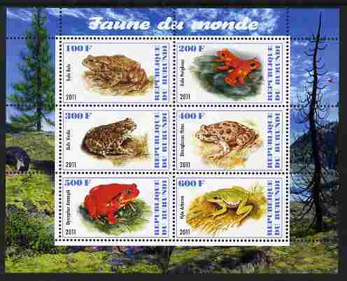 Burundi 2011 Fauna of the World - Amphibians (Frogs & Toads) perf sheetlet containing 6 values unmounted mint, stamps on , stamps on  stamps on animals, stamps on  stamps on reptiles, stamps on  stamps on amphibians, stamps on  stamps on frogs, stamps on  stamps on toads