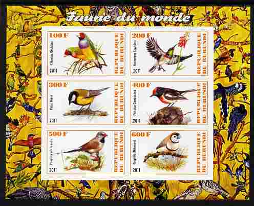 Burundi 2011 Fauna of the World - Birds imperf sheetlet containing 6 values unmounted mint, stamps on , stamps on  stamps on birds, stamps on  stamps on 