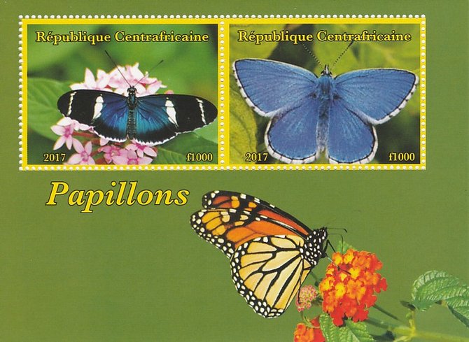 Central African Republic 2017 Butterflies perf sheetlet containing 2 values unmounted mint. Note this item is privately produced and is offered purely on its thematic app..., stamps on butterflies