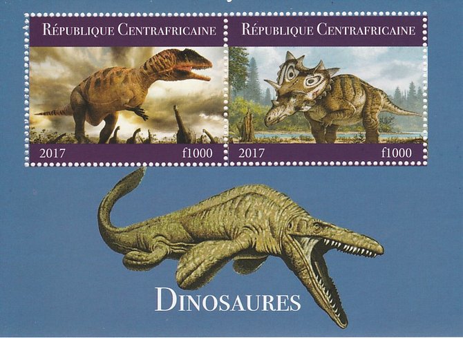 Central African Republic 2017 Dinosaurs #1 perf sheetlet containing 2 values unmounted mint. Note this item is privately produced and is offered purely on its thematic ap..., stamps on dinosaurs