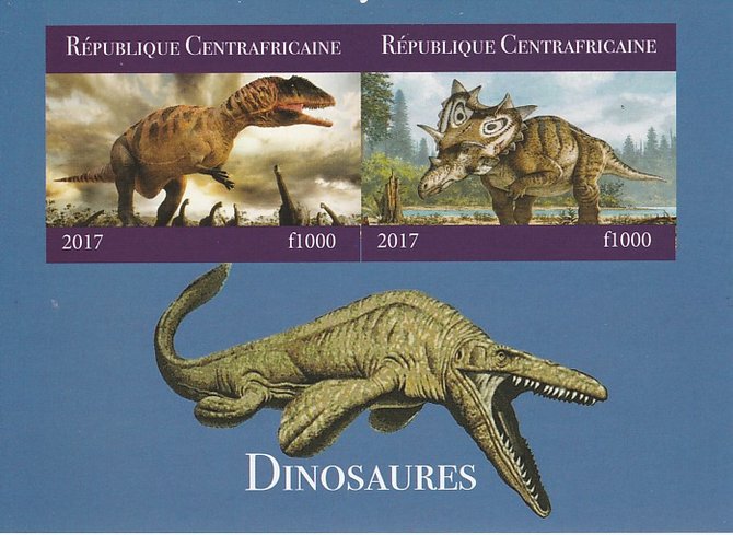 Central African Republic 2017 Dinosaurs #1 imperf sheetlet containing 2 values unmounted mint. Note this item is privately produced and is offered purely on its thematic appeal, stamps on , stamps on  stamps on dinosaurs