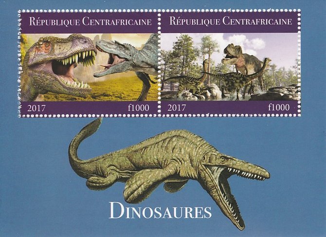 Central African Republic 2017 Dinosaurs #2 perf sheetlet containing 2 values unmounted mint. Note this item is privately produced and is offered purely on its thematic ap..., stamps on dinosaurs