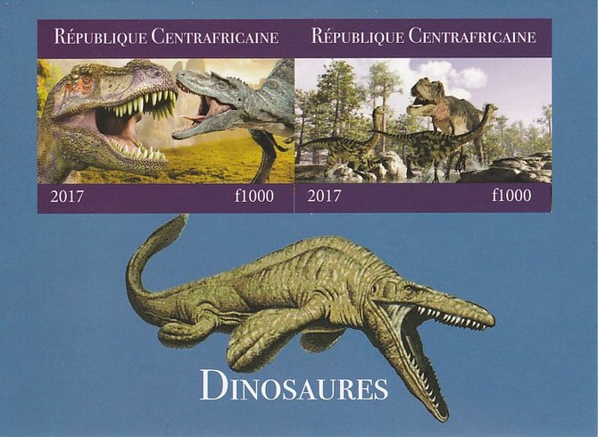 Central African Republic 2017 Dinosaurs #2 imperf sheetlet containing 2 values unmounted mint. Note this item is privately produced and is offered purely on its thematic appeal, stamps on , stamps on  stamps on dinosaurs