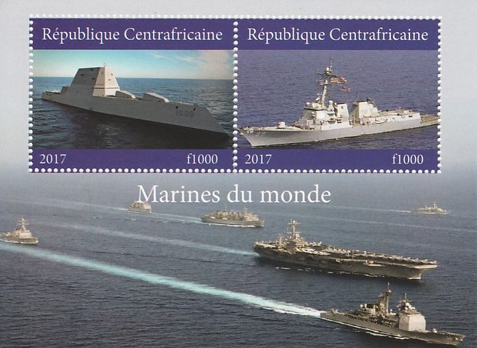 Central African Republic 2017 Ships of the World #1 perf sheetlet containing 2 values unmounted mint, stamps on , stamps on  stamps on ships, stamps on  stamps on flat tops