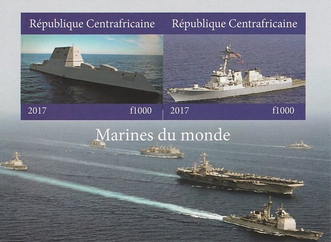 Central African Republic 2017 Ships of the World #1 imperf sheetlet containing 2 values unmounted mint. Note this item is privately produced and is offered purely on its ..., stamps on ships, stamps on flat tops