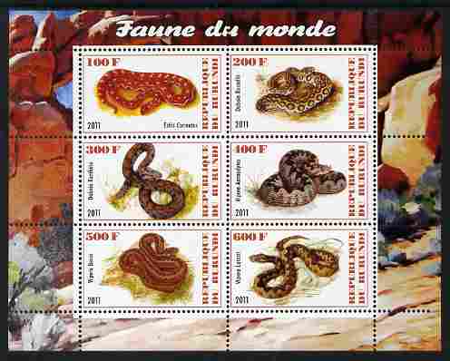 Burundi 2011 Fauna of the World - Reptiles - Snakes #2 perf sheetlet containing 6 values unmounted mint, stamps on , stamps on  stamps on animals, stamps on  stamps on reptiles, stamps on  stamps on snakes