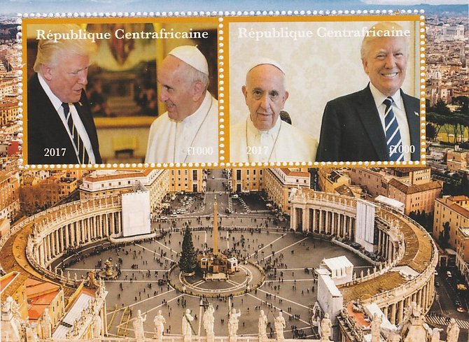 Central African Republic 2017 The Pope & Trump perf sheetlet containing 2 values unmounted mint. Note this item is privately produced and is offered purely on its thematic appeal, stamps on , stamps on  stamps on pope, stamps on  stamps on trump.americana, stamps on  stamps on 