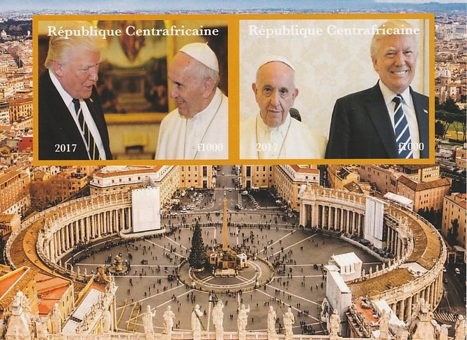 Central African Republic 2017 The Pope & Trump imperf sheetlet containing 2 values unmounted mint. Note this item is privately produced and is offered purely on its thema..., stamps on pope, stamps on trump.americana, stamps on 