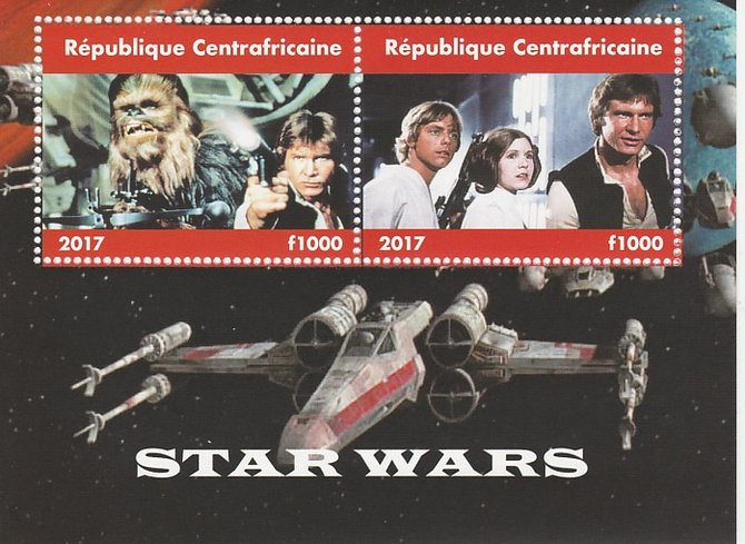 Central African Republic 2017 Star Wars #1 perf sheetlet containing 2 values unmounted mint. Note this item is privately produced and is offered purely on its thematic appeal, stamps on , stamps on  stamps on films, stamps on  stamps on cinema, stamps on  stamps on movies, stamps on  stamps on sci-fi, stamps on  stamps on star wars