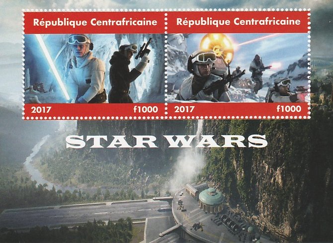 Central African Republic 2017 Star Wars #2 perf sheetlet containing 2 values unmounted mint. Note this item is privately produced and is offered purely on its thematic appeal, stamps on , stamps on  stamps on films, stamps on  stamps on cinema, stamps on  stamps on movies, stamps on  stamps on sci-fi, stamps on  stamps on star wars