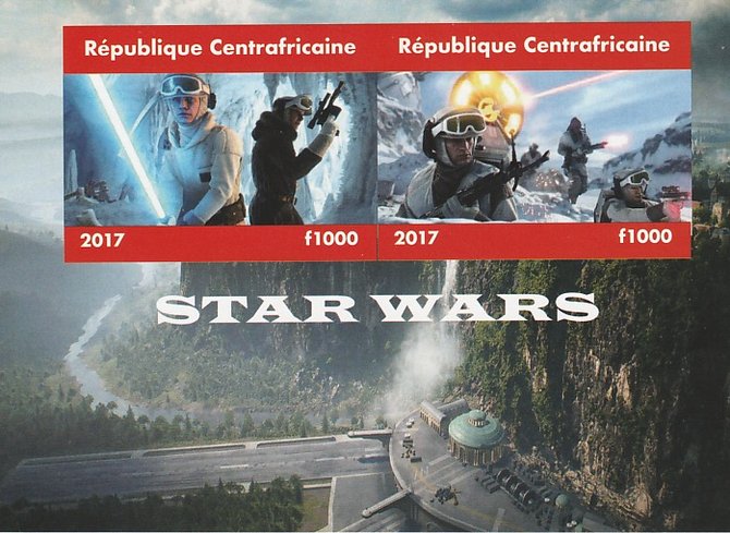 Central African Republic 2017 Star Wars #2 imperf sheetlet containing 2 values unmounted mint. Note this item is privately produced and is offered purely on its thematic appeal, stamps on , stamps on  stamps on films, stamps on  stamps on cinema, stamps on  stamps on movies, stamps on  stamps on sci-fi, stamps on  stamps on star wars