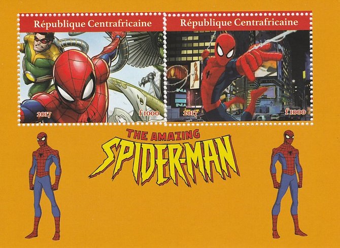 Central African Republic 2017 Spiderman perf sheetlet containing 2 values unmounted mint. Note this item is privately produced and is offered purely on its thematic appea..., stamps on films, stamps on cinema, stamps on movies, stamps on sci-fi, stamps on spiderman