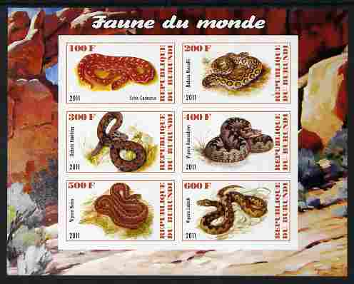 Burundi 2011 Fauna of the World - Reptiles - Snakes #2 imperf sheetlet containing 6 values unmounted mint, stamps on animals, stamps on reptiles, stamps on snakes