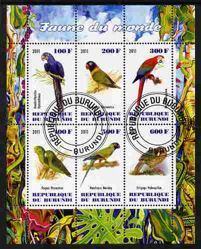 Burundi 2011 Fauna of the World - Parrots #1 perf sheetlet containing 6 values fine cto used, stamps on birds, stamps on parrots