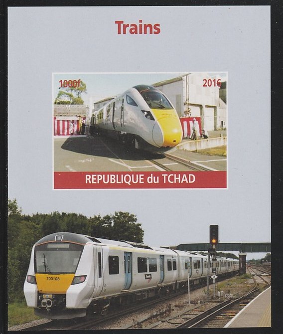 Chad 2016 Modern Trains #2 imperf s/sheet containing 1 value unmounted mint. Note this item is privately produced and is offered purely on its thematic appeal. . , stamps on railways