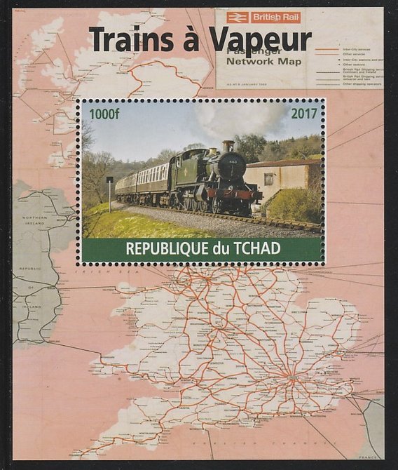 Chad 2017 Steam Trains perf s/sheet containing 1 value unmounted mint. Note this item is privately produced and is offered purely on its thematic appeal. . , stamps on railways, stamps on maps