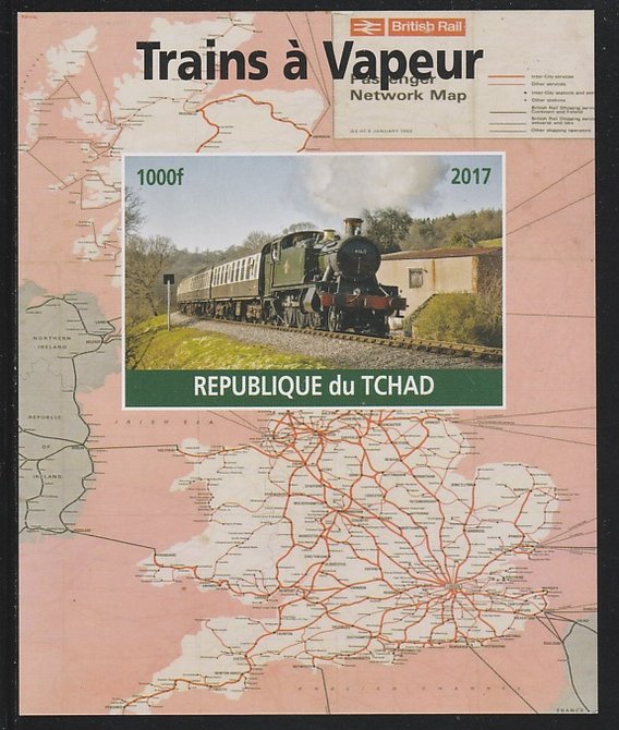 Chad 2017 Steam Trains imperf s/sheet containing 1 value unmounted mint. Note this item is privately produced and is offered purely on its thematic appeal. . , stamps on , stamps on  stamps on railways, stamps on  stamps on maps