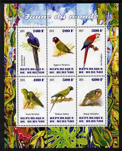 Burundi 2011 Fauna of the World - Parrots #1 perf sheetlet containing 6 values unmounted mint, stamps on , stamps on  stamps on birds, stamps on  stamps on parrots