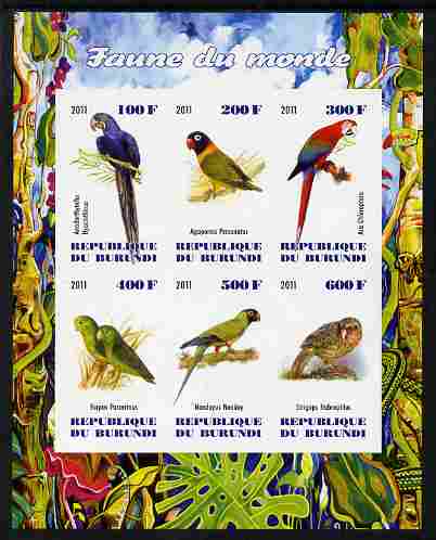 Burundi 2011 Fauna of the World - Parrots #1 imperf sheetlet containing 6 values unmounted mint, stamps on , stamps on  stamps on birds, stamps on  stamps on parrots