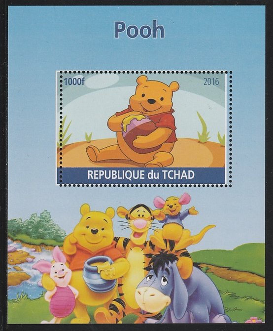 Chad 2016 Pooh Bear perf s/sheet containing 1 value unmounted mint. Note this item is privately produced and is offered purely on its thematic appeal. . , stamps on disney, stamps on films, stamps on cinema, stamps on movies, stamps on pooh, stamps on bears
