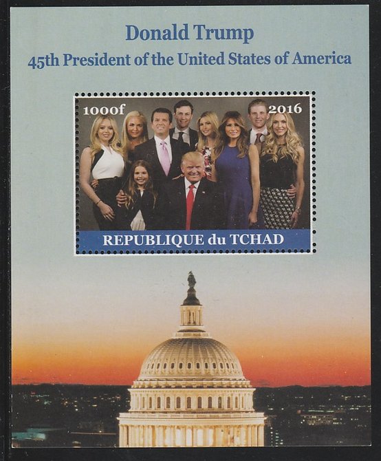 Chad 2016 Donald Trump perf s/sheet containing 1 value unmounted mint. Note this item is privately produced and is offered purely on its thematic appeal. . , stamps on americana, stamps on usa presidents, stamps on trump