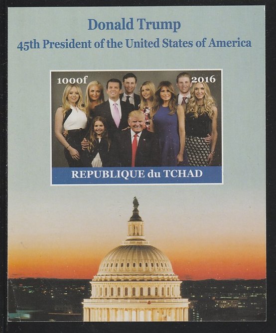 Chad 2016 Donald Trump imperf s/sheet containing 1 value unmounted mint. Note this item is privately produced and is offered purely on its thematic appeal. . , stamps on americana, stamps on usa presidents, stamps on trump