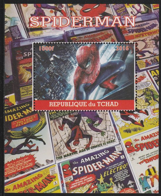 Chad 2016 Spiderman perf s/sheet containing 1 value unmounted mint. Note this item is privately produced and is offered purely on its thematic appeal. . , stamps on , stamps on  stamps on spiderman, stamps on  stamps on sci-fi, stamps on  stamps on films, stamps on  stamps on cinema, stamps on  stamps on movies