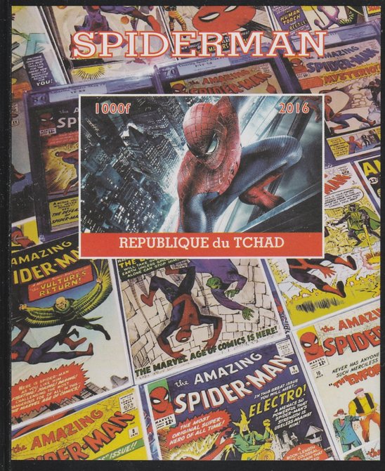 Chad 2016 Spiderman imperf s/sheet containing 1 value unmounted mint. Note this item is privately produced and is offered purely on its thematic appeal. . , stamps on spiderman, stamps on sci-fi, stamps on films, stamps on cinema, stamps on movies
