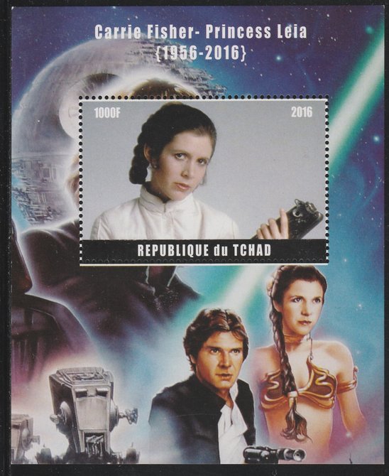 Chad 2016 Carrie Fisher perf s/sheet containing 1 value unmounted mint. Note this item is privately produced and is offered purely on its thematic appeal. . , stamps on , stamps on  stamps on personalities, stamps on  stamps on sci-fi, stamps on  stamps on films, stamps on  stamps on cinema, stamps on  stamps on movies