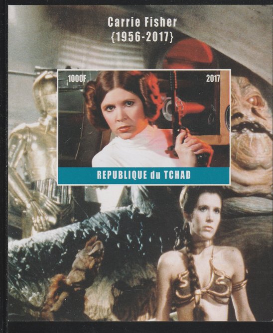 Chad 2017 Carrie Fisher imperf s/sheet containing 1 value unmounted mint. Note this item is privately produced and is offered purely on its thematic appeal. . , stamps on personalities, stamps on sci-fi, stamps on films, stamps on cinema, stamps on movies
