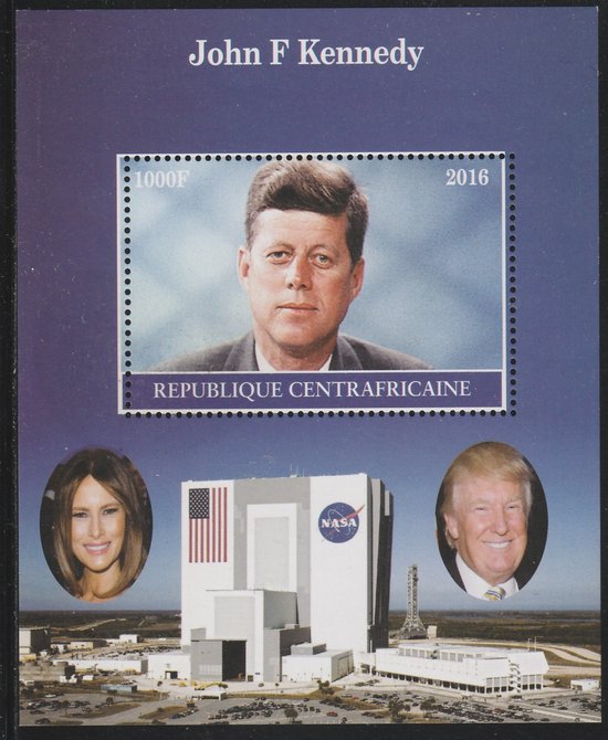 Central African Republic 2016 John F Kennedy #2 perf s/sheet containing 1 value unmounted mint. Note this item is privately produced and is offered purely on its thematic appeal, stamps on , stamps on  stamps on kennedy, stamps on  stamps on usa presidents, stamps on  stamps on americana, stamps on  stamps on nasa, stamps on  stamps on space