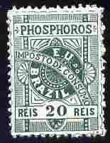 Cinderella - Brazil 1899 Match Tax 20r green without gum as issued, stamps on , stamps on  stamps on revenues